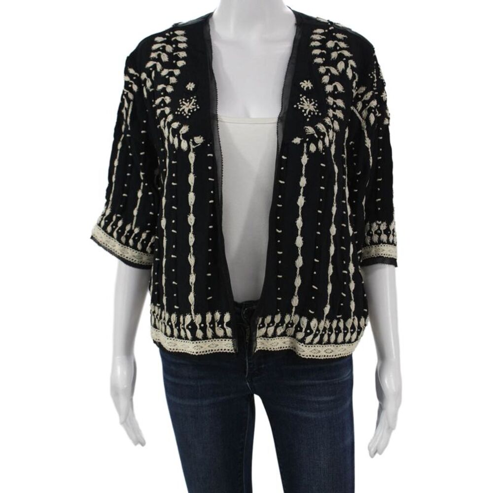 Love Sam Womens Black Floral Viscose Cardigan 3/4 Sleeve Open Size M